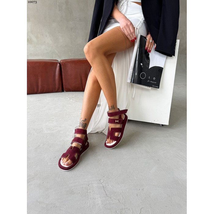 Жіночі бордові замшеві босоніжки з липучками – Італійська замша